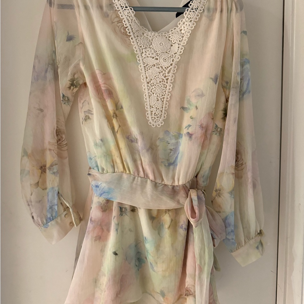 ZARA Sheer Pastel Floral Mini Dress with Lace V-Neck
